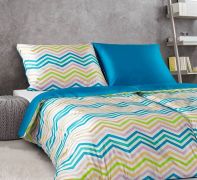 Luxusné pestré saténové obliečky s geometrickými tvarmi Kľukaté pruhy multicolor I.modrá | 1x 140/200, 1x 90/70