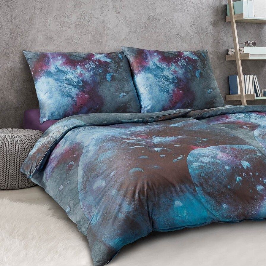 Saténové obliečky s vesmírnym vzorom v šedomodrej farbe Veba